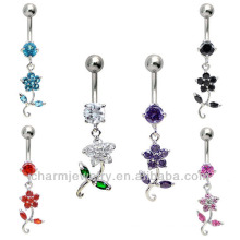 316L Surgical Steel Navel Belly Button Dermal Body Jewelry Charm Ring Flower Dangle BER-017
